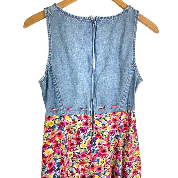 Vintage Floral Flowing and Denim Dress Tie Waist 1990s - Picture 3 of 6